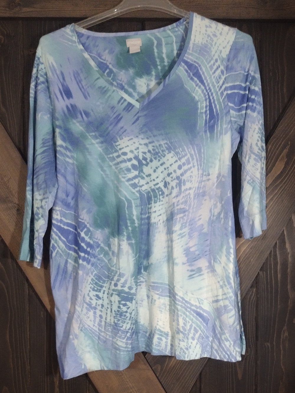 Chico's Blue and White V-Neck Tie-Dye Tunic Sz 2